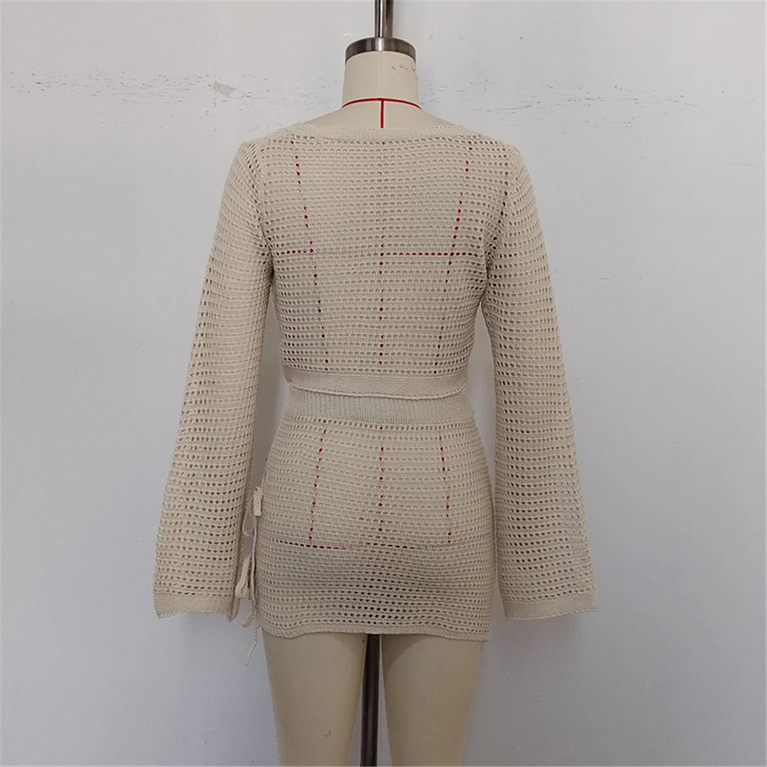 V Neck Long Sleeve Crochet Knitted 2 Pieces Suits Beach Cover Up Cover-ups Beach Dress Beach Wear Beachwear Female Women V6490