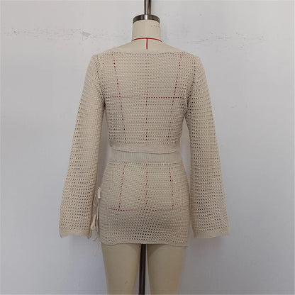 V Neck Long Sleeve Crochet Knitted 2 Pieces Suits Beach Cover Up Cover-ups Beach Dress Beach Wear Beachwear Female Women V6490