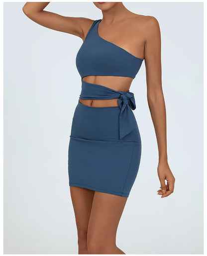 Tennis Dress Women Golf One Shoulder Hollow Out Bandage Slim Fit Fitness Tennis Short Skrit Badminton Dress One-Pieces Yoga Set