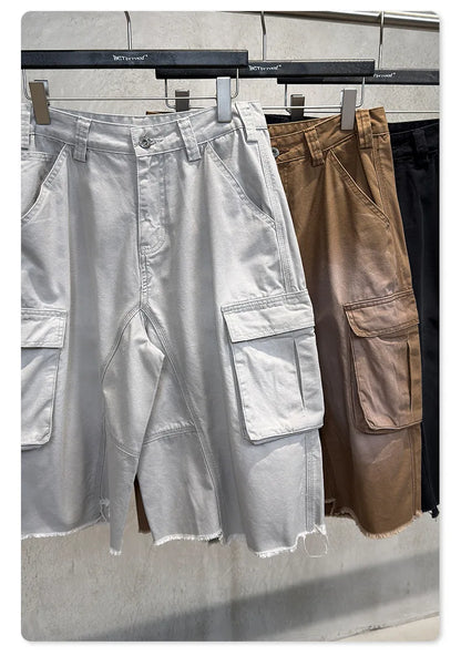 Custom LOGO men's 310G heavy 100% cotton summer American street multi-pocket retro washed old loose tooling seven-point shorts