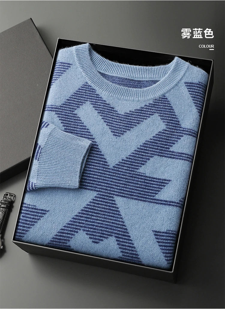 Men's Autumn Winter New 100% Cashmere O-Neck Sweater Fashion Knitted Jacquard Pullover Top Color blocked Thickened Men's Wear