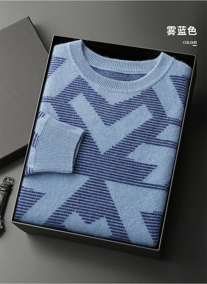 Men's Autumn Winter New 100% Cashmere O-Neck Sweater Fashion Knitted Jacquard Pullover Top Color blocked Thickened Men's Wear