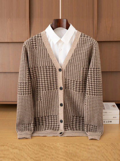 Men's V-Neck Cardigan Business Casual Jacquard Thickened Jacket 100% Merino Wool Knit Coat Autumn Winter Warmth Men's Clothing