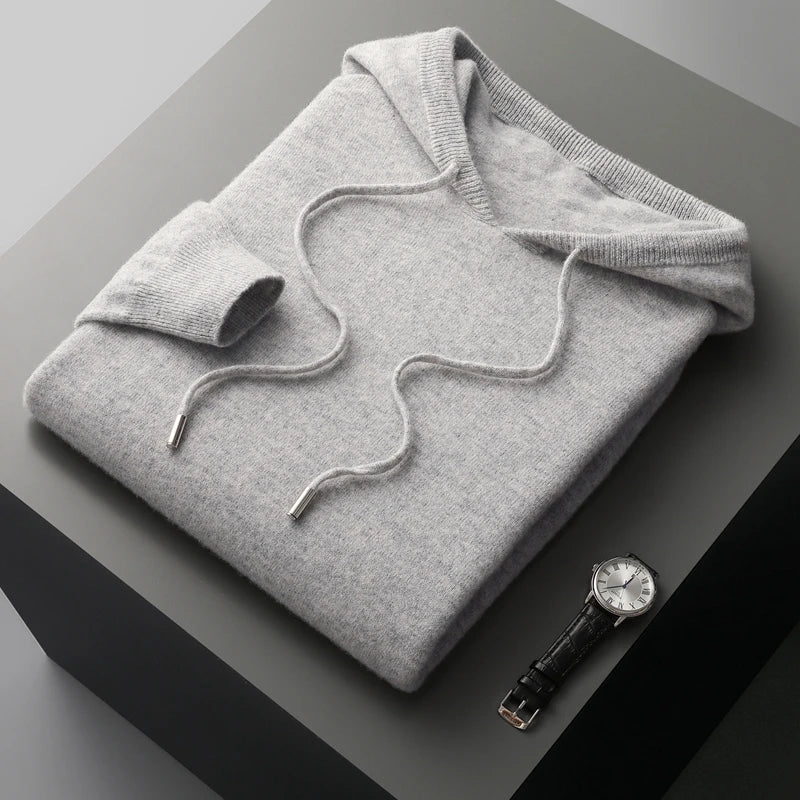 Men's 100% Merino Wool Sweater Hooded Collar Knitted Pullover Cashmere Sweatshirt Autumn Winter Casual Large Tops Long Sleeved