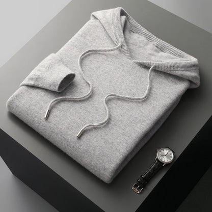 Men's 100% Merino Wool Sweater Hooded Collar Knitted Pullover Cashmere Sweatshirt Autumn Winter Casual Large Tops Long Sleeved