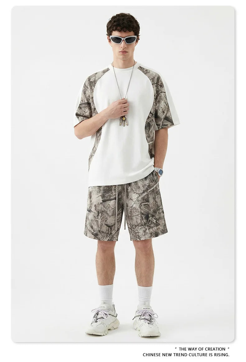 Custom LOGO men's summer camouflage splicing 240G quick-drying cotton polyester short-sleeved T-shirt loose sports shorts set