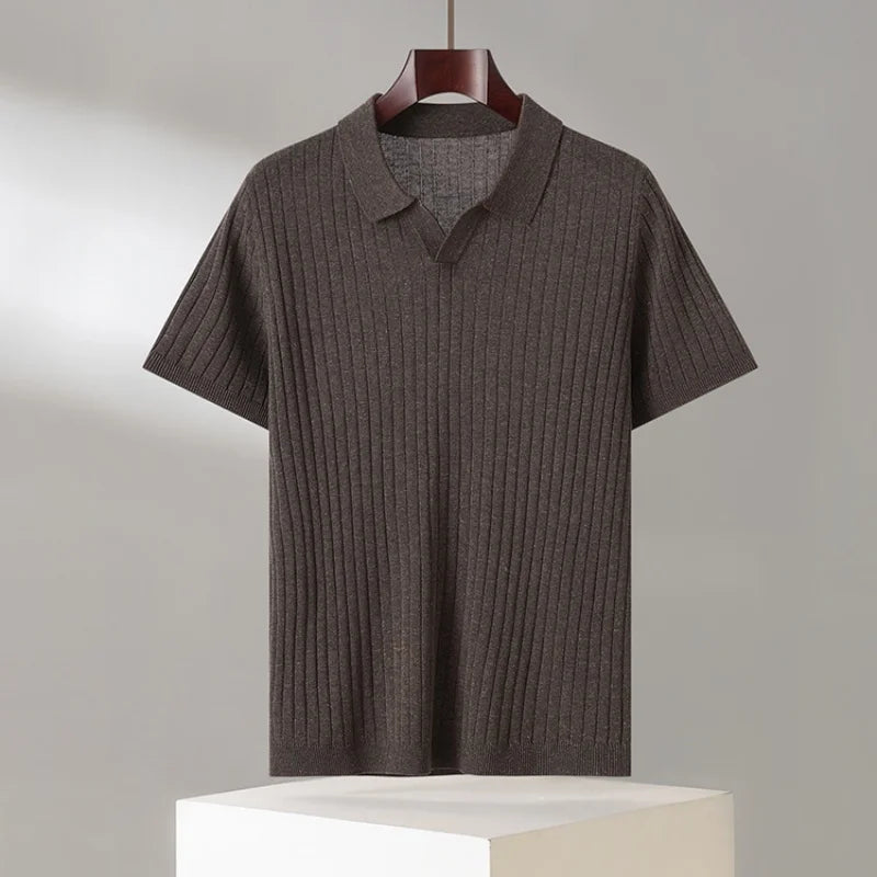 Summer New Men's 100% Lyocell Scissor Collar Solid Color T-Shirt Knit Pullover Bussiness Casual Short-sleeved POLO Collar Tees