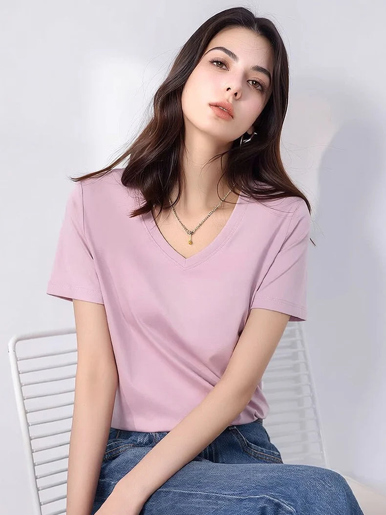 SuyaDream Women Solid T shirts, Silk Cotton Blend, O Neck, Short Sleeved Solid Tee,2025 Summer Candy Colors Basic Cozy Top Green
