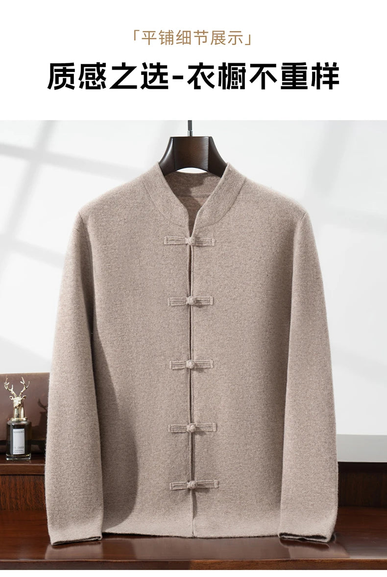 100%Pure Wool Chinese style buckle Cardigan Men Sweater Casual Comfort Knitted Long Sleeve Men's Wool Sweater Spring Autumn Coat