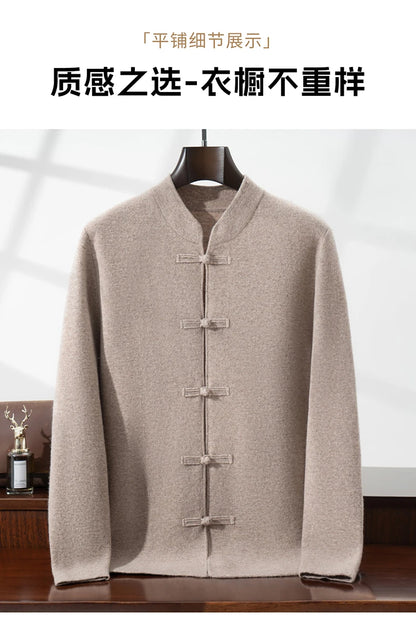 100%Pure Wool Chinese style buckle Cardigan Men Sweater Casual Comfort Knitted Long Sleeve Men's Wool Sweater Spring Autumn Coat