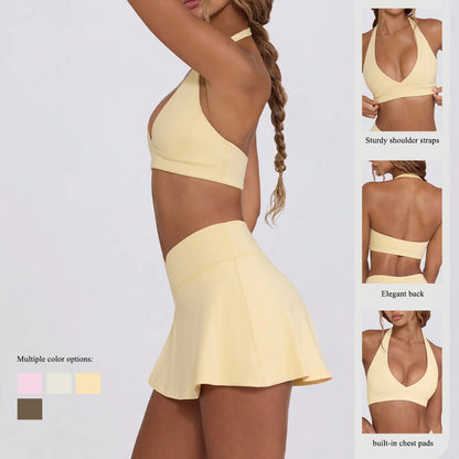Summer Women Chest Padding And High Elasticity Bra Set 2Pcs Tennis Skirt Sportswear Female Golf Suits Sport Outfit For Woman