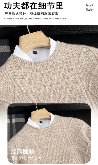 Men's 100% Cashmere Sweater Round Neck Autumn Winter Warm Clothing Jacquard Checkered Pullover Sweater Knitted Bottom Shirt Tops