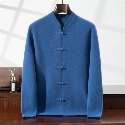 100%Pure Wool Chinese style buckle Cardigan Men Sweater Casual Comfort Knitted Long Sleeve Men's Wool Sweater Spring Autumn Coat