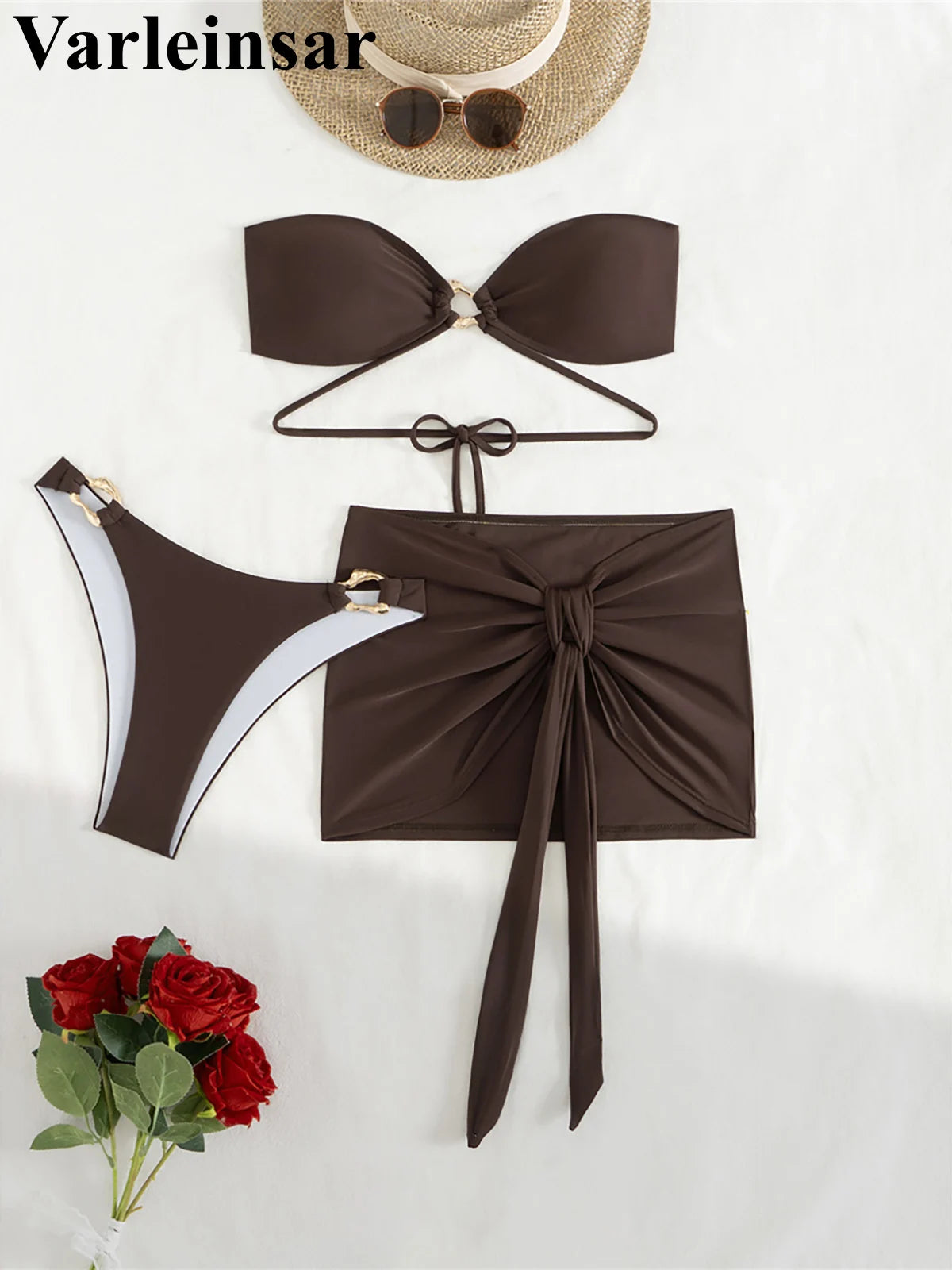 New Bandeau With Skirt Bikini Women Swimwear Female Swimsuit Three-pieces Bikini set High Leg Cut Bather Bathing Suit Swim V6264
