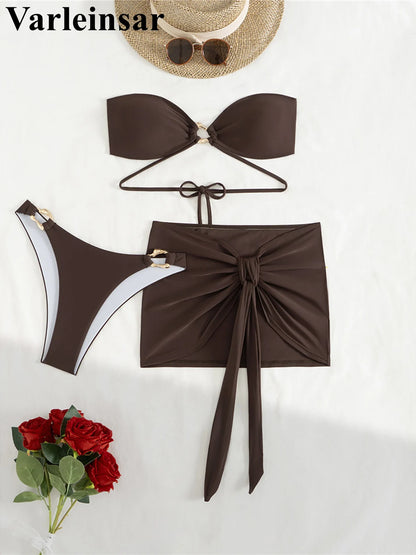 New Bandeau With Skirt Bikini Women Swimwear Female Swimsuit Three-pieces Bikini set High Leg Cut Bather Bathing Suit Swim V6264