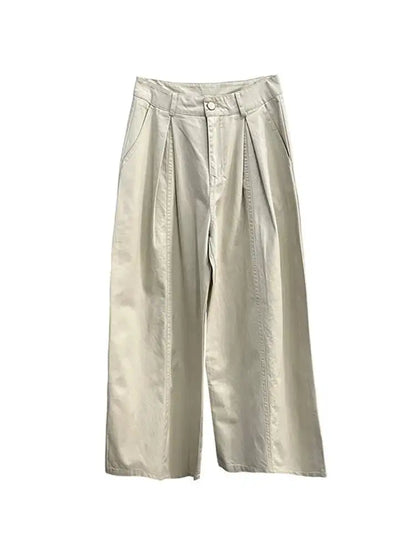 DEAT Fashion Pleated High Waisted Wide Leg Pants Women's Front Seam Straight Leg Beige Loose Trousers Summer New 7A4548