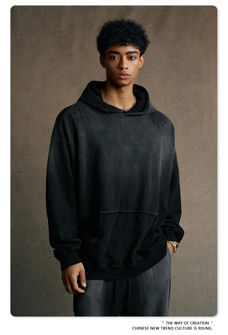 Custom LOGO men's 2025 autumn 370G heavy 100% cotton gradual change hole hooded sweater straight trousers set