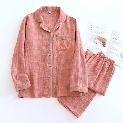 2026 new spring and summer women's pajamas suit long-sleeved trousers two-piece 100% cotton crepe flower leaves home clothes