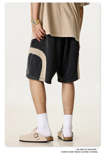 Customized LOGO men's summer European and American hip-hop style splicing contrasting shorts loose straight five-point pants