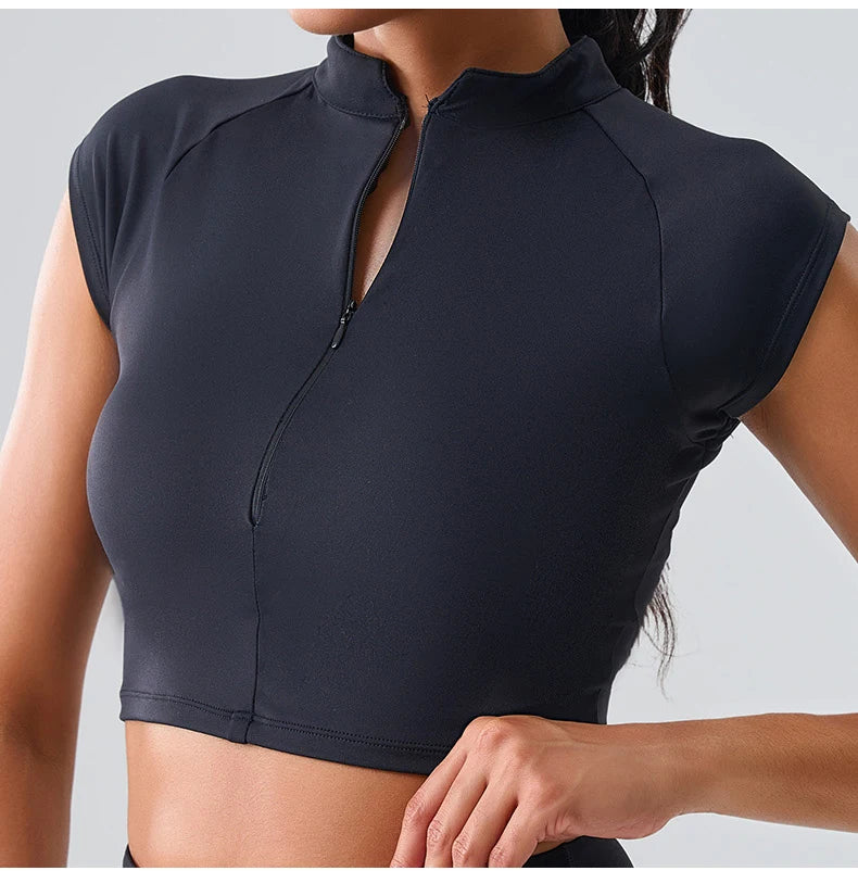 Zipper Sports Crop Top Women Short Sleeve Yoga Top Shirts Light Weight Gym Push Up Top Sports Shirt Running Workout Crop Tops