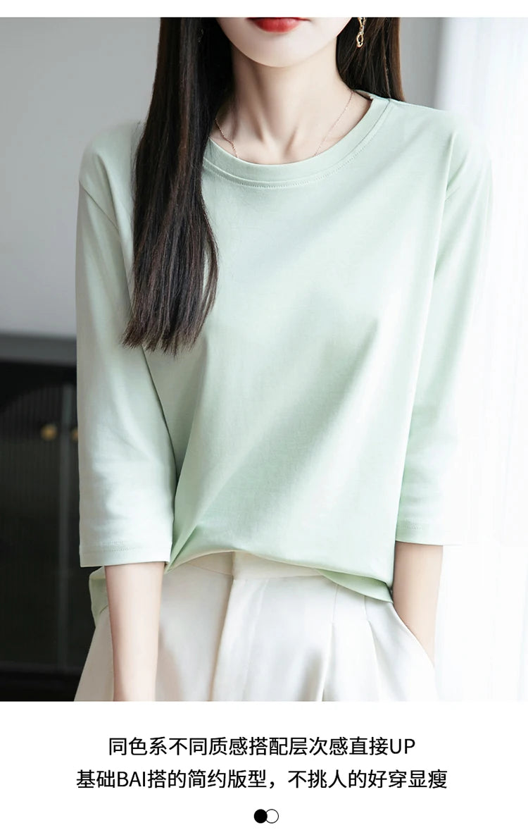 Spring And Summer New White Mercerized Cotton Short Sleeve T-Shirt Feminine Joker Cotton Cropped Sleeve Bottoming Shirt
