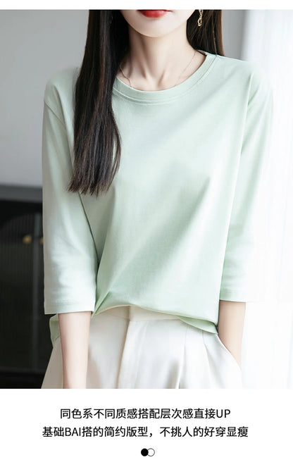 Spring And Summer New White Mercerized Cotton Short Sleeve T-Shirt Feminine Joker Cotton Cropped Sleeve Bottoming Shirt
