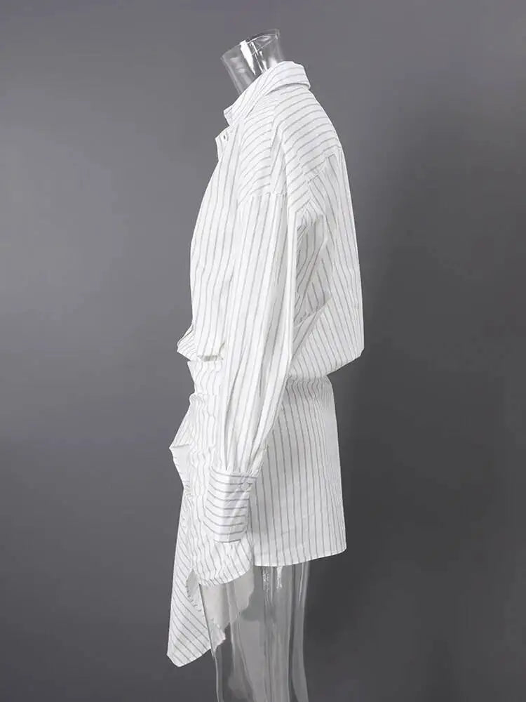 DEAT Fashion Striped Wrap Tie Waist Shirt Mini Dress Women's Lapel Asymmetric Ruched Hem Striped Bodycon Dresses Summer New