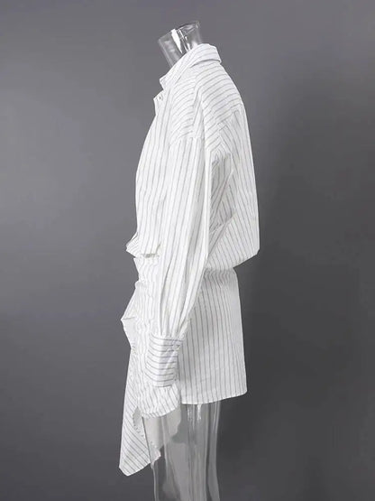 DEAT Fashion Striped Wrap Tie Waist Shirt Mini Dress Women's Lapel Asymmetric Ruched Hem Striped Bodycon Dresses Summer New
