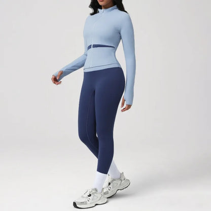 New Women's Color-Block Yoga Outfit Set Back Beauty Fitness Tank Top Long Sleeve Coat Hip-Lifting Leggings Running Fitness Set