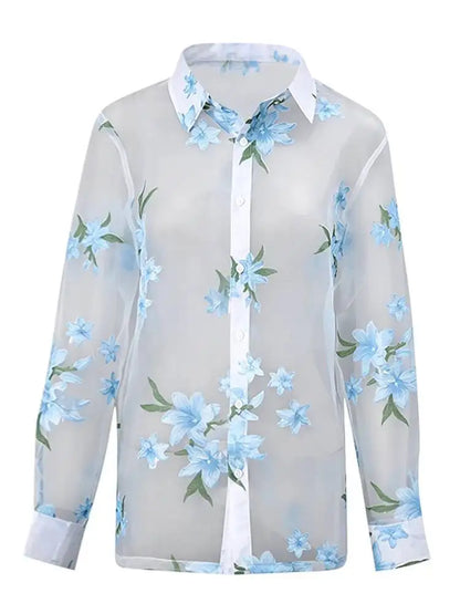 DEAT Fashion Floral Print Sheer Organza Shirt Women's Lapel Loose Light Blue Blouse Summer New