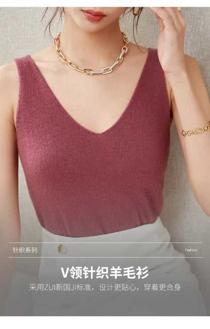 Women's Spring and Autumn 2026 New 100% Merino Wool V-Neck Pullover Knitted Suspender Casual Soft Inner Vest Women's Clothing