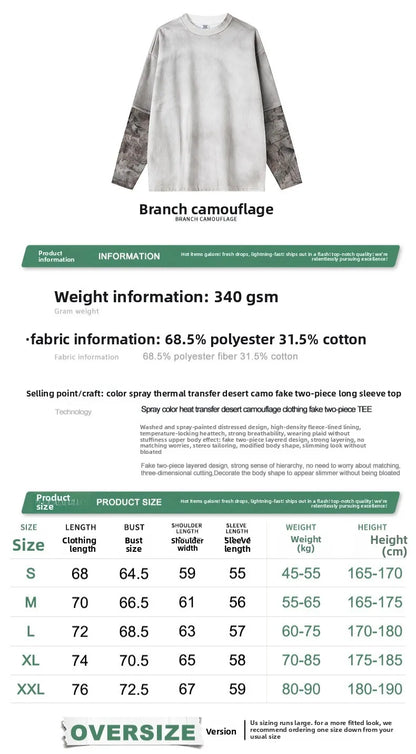 Custom LOGO Men's 2025 Autumn New 340G fleece-lined Fake Two-piece Camouflage Sweater T-Shirt Casual Pants Set