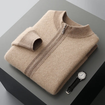 Autumn Winter 100% Merino Wool Knitted Zipper Cardigan Men's Half High Collar Herringbone Pattern Thick Coat Casual Warm Jacket