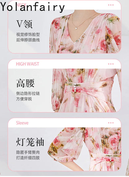 YOLANFAIRY 100% Real Silk Floral Dresses Woman Summer Clothes Elegant Mulberry Silk Pink Dress Romantic Women's Birthday Dress