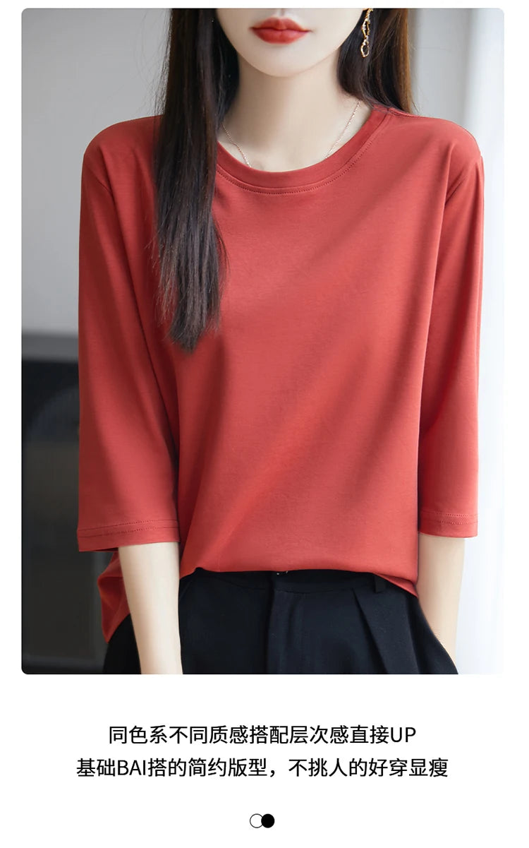 Spring And Summer New White Mercerized Cotton Short Sleeve T-Shirt Feminine Joker Cotton Cropped Sleeve Bottoming Shirt