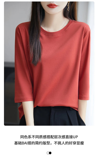 Spring And Summer New White Mercerized Cotton Short Sleeve T-Shirt Feminine Joker Cotton Cropped Sleeve Bottoming Shirt