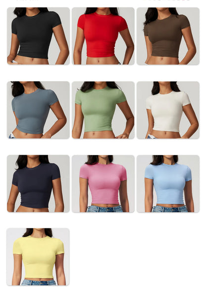 Women Solid Yoga Short Sleeve Breathable Sport T-Shirt Elastic Fitness Yoga Top Gym Shirts Female Casual Running Workout Clothes