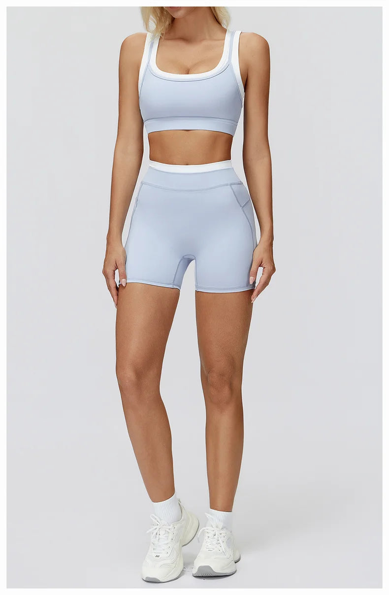TRY TO BN Yoga Shorts Sets Women's Tracksuit Two Fake Pieces Sports Ribbed Contrasting Color Workout Running Fitness Gym Clothes
