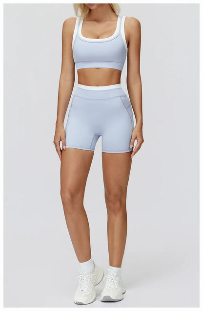TRY TO BN Yoga Shorts Sets Women's Tracksuit Two Fake Pieces Sports Ribbed Contrasting Color Workout Running Fitness Gym Clothes