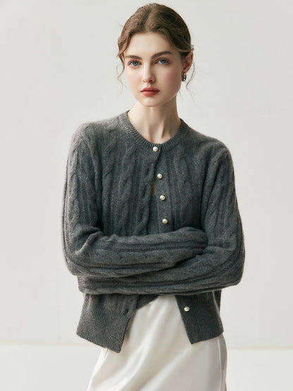 CHICUU Women's O-neck Cashmere Cardigan 100% Cashmere Sweater Cable Knit Preppy Style Cardigan Coat Autumn Winter Clothes Tops