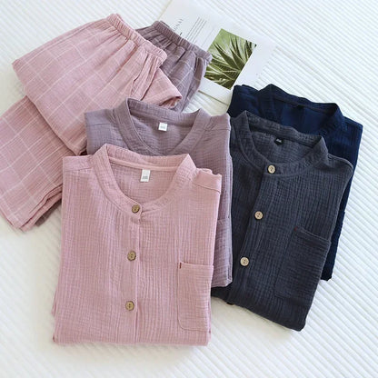 2026 Japanese style new couple sleepwear set 100% cotton crepe fabric long sleeved long pants two-piece home wear pajama