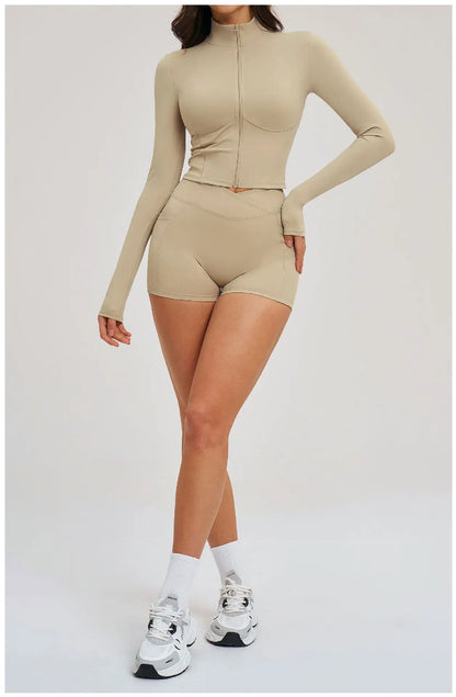 2PCS Yoga Suit Women's Tracksuit Gym Clothing Sportswear Female Workout Long Sleeve Sports Suit High Waist Cycling Shorts Set