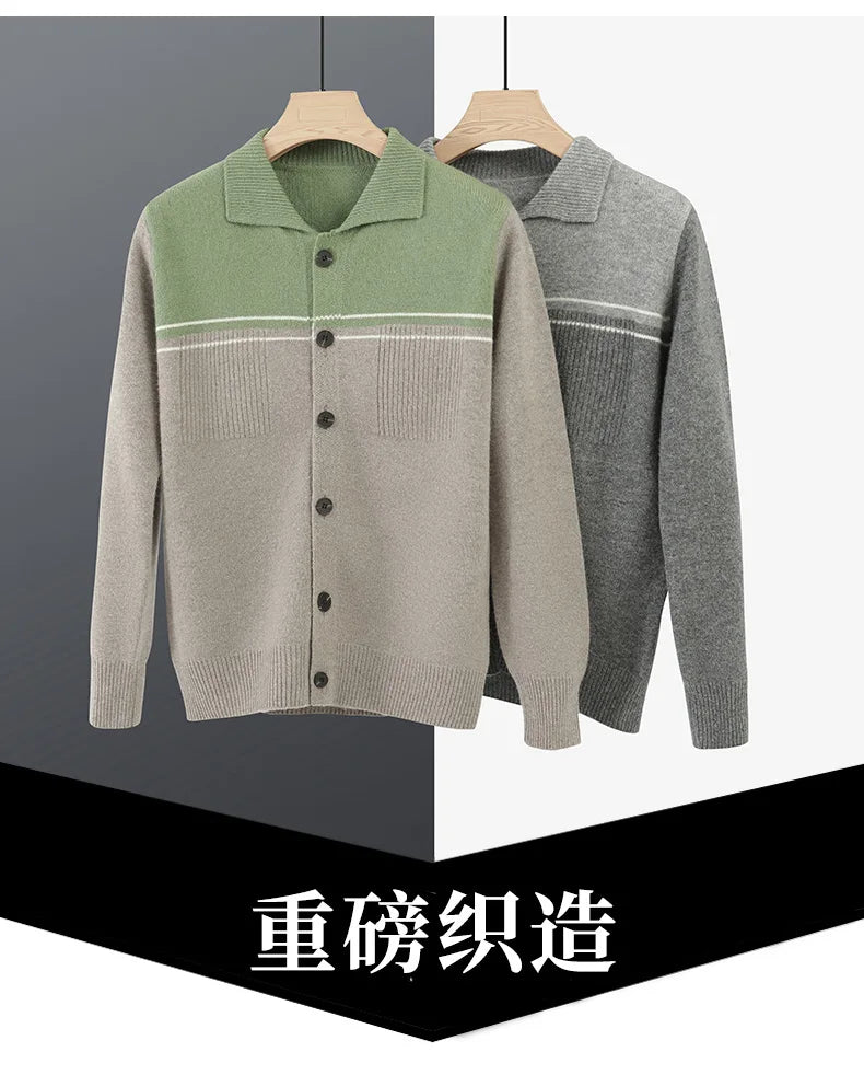 100% Merino Wool Men's Lapel Collar Knit Cardigan Coat 2025 Spring/ Autumn New POLO Neck Business Casual Cashmere Jacket Sweater