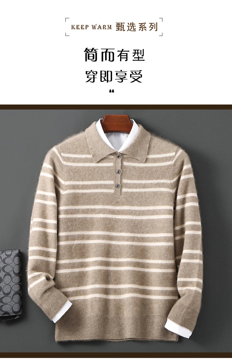 Men Leisure 100% Merino Wool Sweater Polo Collar Knit Pullover Autumn Winter Cashmere Clothing Casual Business Color Stripe Top