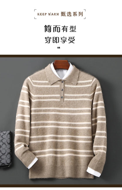 Men Leisure 100% Merino Wool Sweater Polo Collar Knit Pullover Autumn Winter Cashmere Clothing Casual Business Color Stripe Top