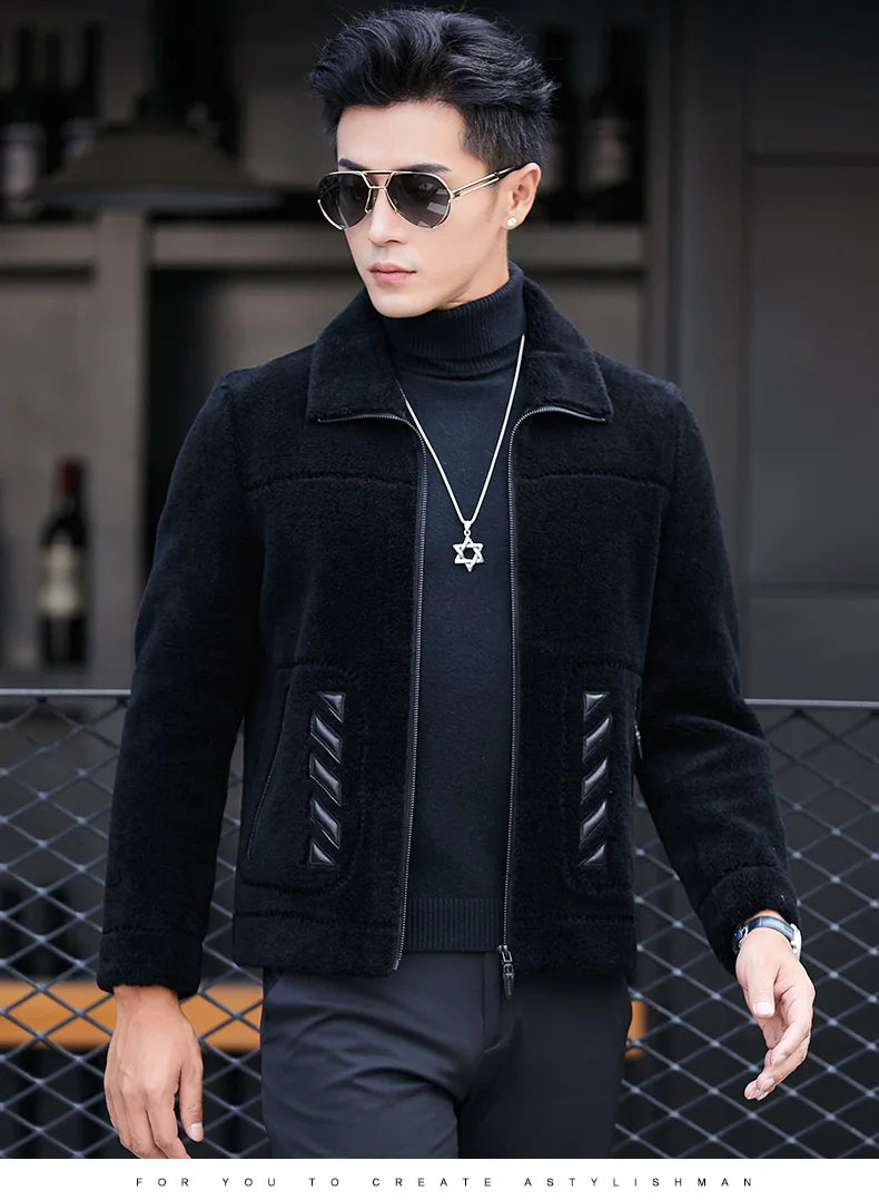 YOLANFAIRY Genuine Leather Men Sheep Sheared Grain Lamb Fur Coat Men Real Woolen Jackets Men's Clothing Mens Fur Jacket Coat