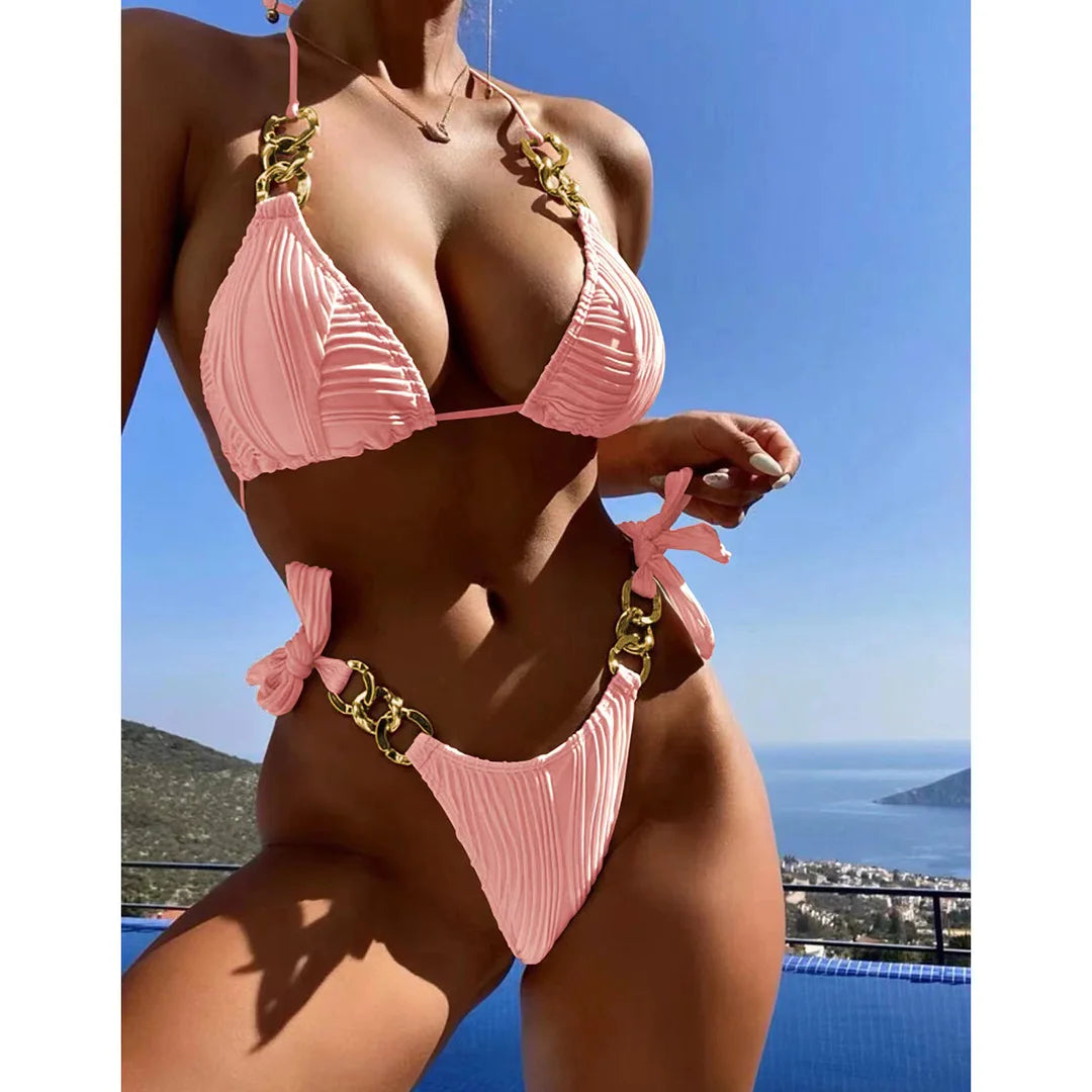 Metal Rings Halter Wrinkled Bikini Female Swimsuit Women Swimwear Two-pieces Bikini set Bather Bathing Suit Swim Lady V4149SW