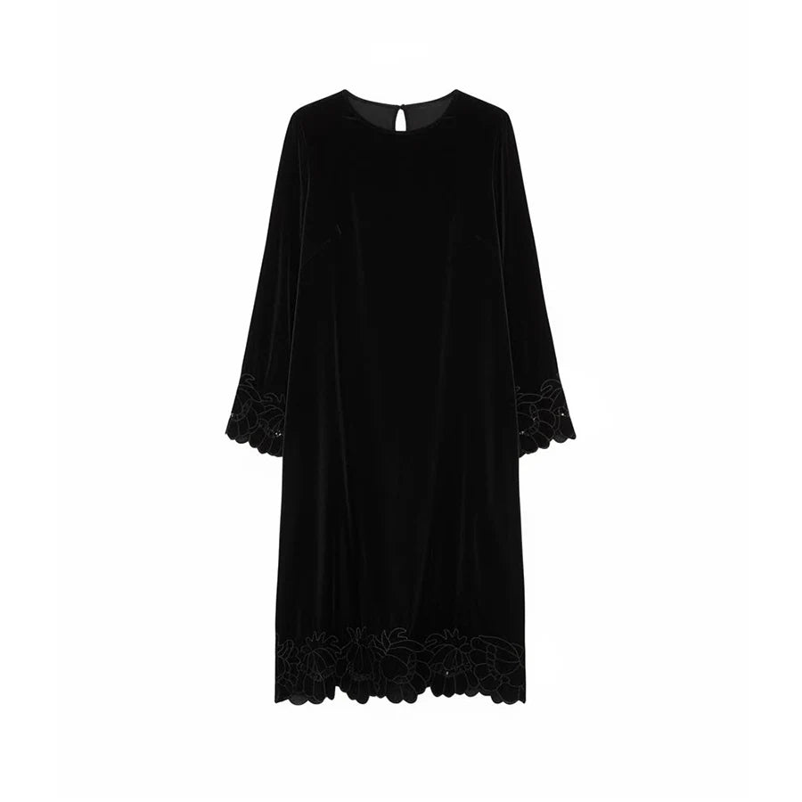 SuyaDream, Women Velvet Dresses, 100%Real Silk, O Neck, Embroidery Black Mid Dress, 2026 Spring Summer Elegant Cloth