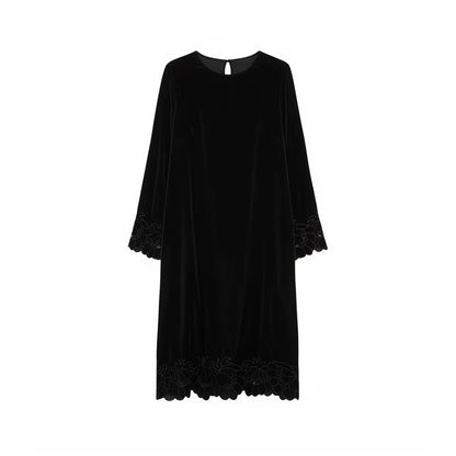 SuyaDream, Women Velvet Dresses, 100%Real Silk, O Neck, Embroidery Black Mid Dress, 2026 Spring Summer Elegant Cloth
