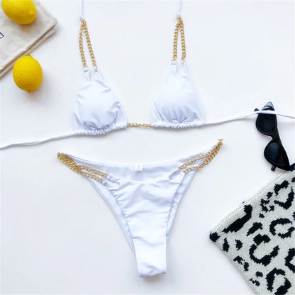 7 Colors Sexy Halter Bikini Female Swimsuit Women Swimwear Two-pieces Bikini set Metal Chain Bather Bathing Suit Swim Lady V2362